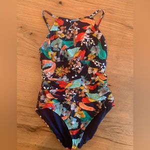 Ellen Tracy Floral One Piece High Neck Key Hole Navy Blue Women’s 12 Preloved